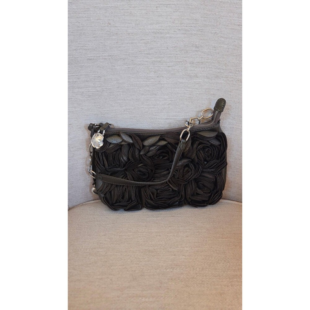 Brighton Metallic Gray Leather 3D Roses Handbag Purse 11" x 7" [00b]